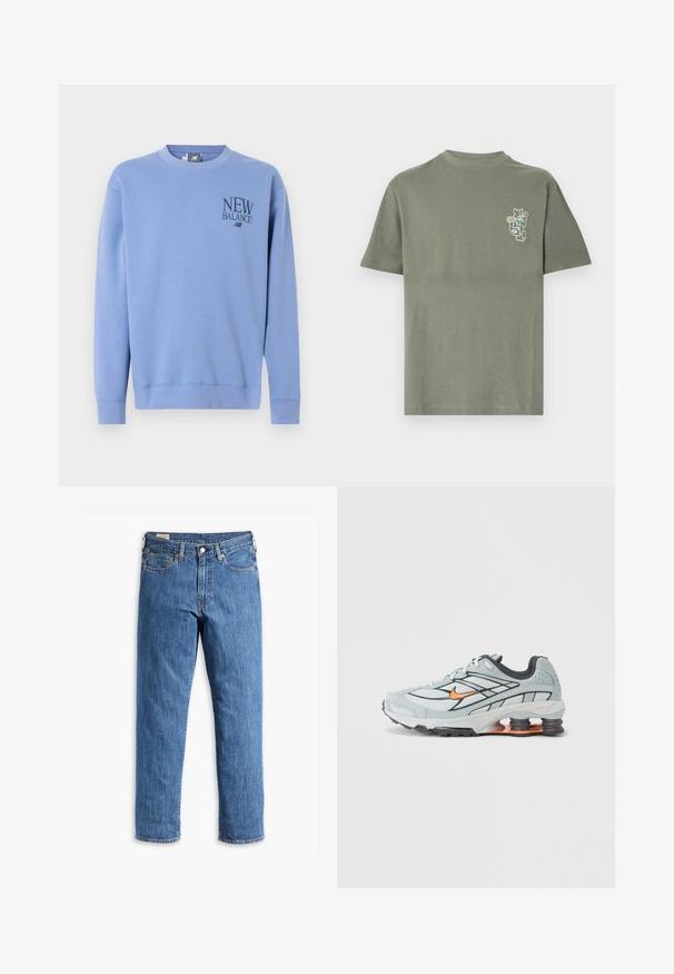Lyseblå crewneck-sweatshirt med lange ærmer og "New Balance"-logo printet på venstre bryst.; Olivengrøn kortærmet t-shirt med et lille abstrakt linjekunst ansigt i hvid, gul og blå på venstre bryst.; Blå denimjeans med lige ben, kobbernitter og fem-lomme design. Har en syet kant og et klassisk taljebånd med bæltestropper.; Lyst grå løbesko med sorte detaljer, orange logo, mesh-overdel, polstret krave og gummisål med synlige stødabsorberende enheder.