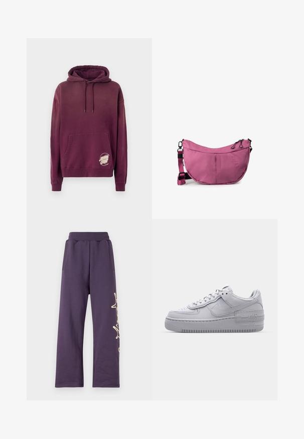 Bordeaux hoodie met een voorzak, koorden en een ronde witte logo geborduurd op de linkeronderhoek. Zachte textuur.; Paarse joggingbroek met een elastische tailleband, zijzakken en een gouden grafisch ontwerp op het linkerpoot. Zacht materiaal met een losse pasvorm.; Grijze Nike Air Force 1 sneaker met geperforeerde neus, glad leren bovenwerk, dikke zool en verhoogde 'AIR' details op de hiel.; Roze halvemaanvormige crossbodytas met verstelbare riem, dubbele ritssluitingen en subtiel geperst merklogo aan de rechtervoorzijde.