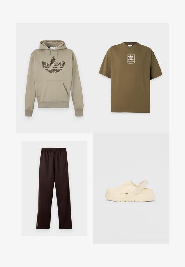 Sweat à capuche marron clair avec une poche kangourou à l'avant et un logo Adidas marron foncé avec un motif bambou sur la poitrine.; T-shirt Adidas vert olive avec un petit logo blanc et un patch texte centré sur la poitrine sur un fond clair uni.; Pantalon large marron foncé avec taille élastique et fines bandes latérales marron clair, présenté sur un fond blanc uni.; Chaussure beige à enfiler en matériau souple, avec un bout arrondi, une tige texturée et une bride arrière pour un maintien sécurisé. Semelle épaisse rainurée.