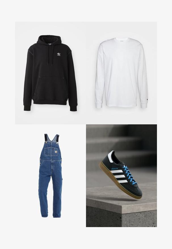 Sort bomuldshoodie med kängurulomme, hvid Adidas-logo, ribbede ærmer og kant, med snøre i hætten og syede detaljer.; Hvid langærmet T-shirt lavet af bomuld. Rund halsudskæring med ribbede manchetter og et lille logo på venstre ærme. Glat tekstur.; Denim overalls i en mellemblå tone, med justerbare sorte stropper, flere lommer og metalhardware detaljer.; Sort Adidas sneaker med hvide striber, blå snørebånd og gummisål, der svæver over gråt betontrin i blødt lys.
