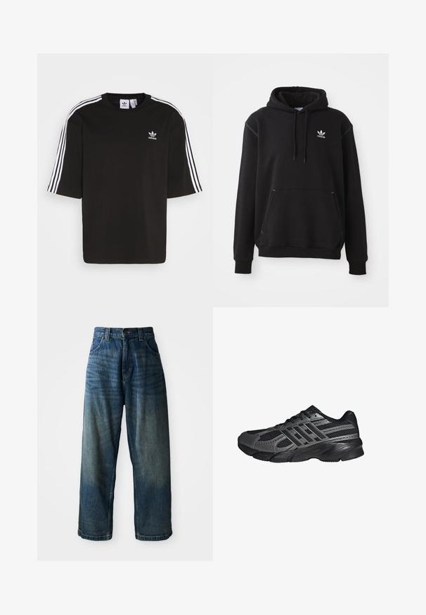 Čierna bavlnená mikina s kengurou vreckom, bielym logom Adidas, ribovanými manžetami a lemom, s kapucňou na šnúrku a prešívanými detailmi.; Čierne tričko s krátkymi rukávmi vyrobené z bavlny, s bielymi trojpruhovými detailmi na ramenách a vyšitou logom Adidas na hrudi.; Džínsové nohavice s širokými nohavicami v modrej farbe so zosvetleným povrchom. Obsahujú päť vreciek, zapínanie na gombík a kontrastné prešívanie. Tkanina je ťažká.; Čierne športové topánky vyrobené z pletiva a syntetických materiálov, s textúrovaným povrchom, viacerými šedými pruhmi a polstrovaným golierom.