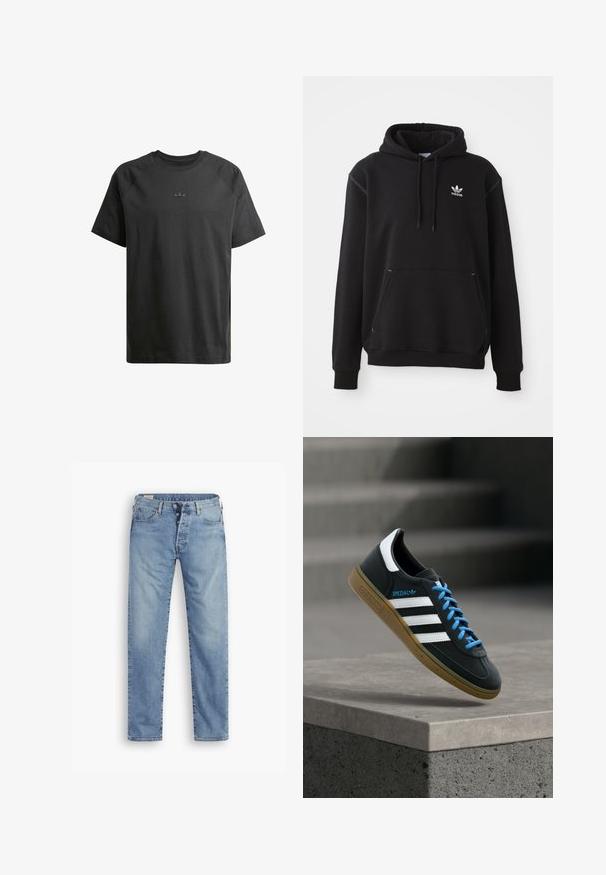 Schwarzer Baumwoll-Hoodie mit Kängurutasche, weißem Adidas-Logo, gerippten Bündchen und Saum, mit verstellbarem Kapuzenzug und gestickten Akzenten.; Schwarz Baumwoll-T-Shirt mit kurzen Raglanärmeln, das ein dezentes eingeprägtes Logo auf der Brust und eine durchgehend glatte Textur aufweist.; Hellblaue Denim-Jeans mit geradem Schnitt. Sie verfügen über einen Knopfverschluss, fünf Taschen und eine leicht verwaschene Textur.; Schwarzer Adidas-Sneaker mit weißen Streifen, blauen Schnürsenkeln und Gummisohle, der über einer grauen Betontreppe im weichen Licht schwebt.