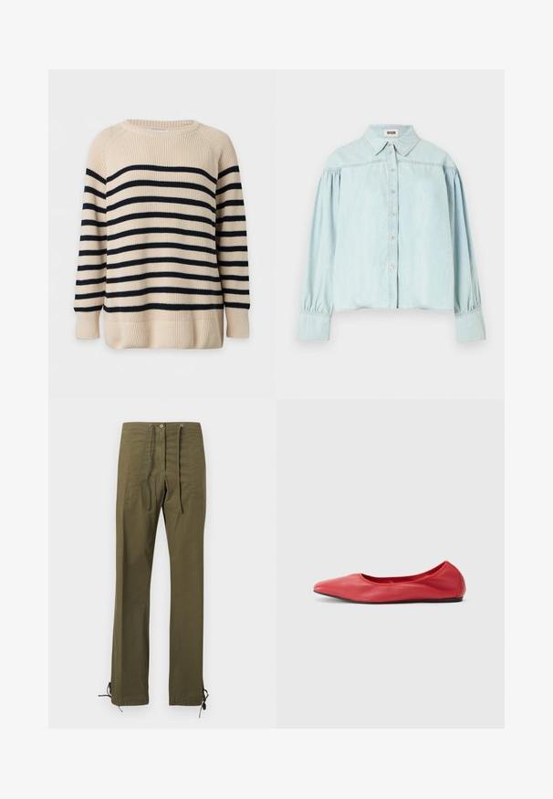 Pull beige en maille à manches longues avec des rayures noires horizontales et des poignets, un ourlet et un col rond côtelés.; Chemise en denim bleu clair avec une patte de boutonnage sur le devant, un col à pointes et des manches longues bouffantes. Le tissu semble doux avec une légère brillance.; Pantalon en coton vert olive à coupe décontractée, avec plis à l'avant, taille à cordon de serrage et liens ajustables aux ourlets pour personnalisation.; Filippa K REY FLATS - Ballerines - bright red
