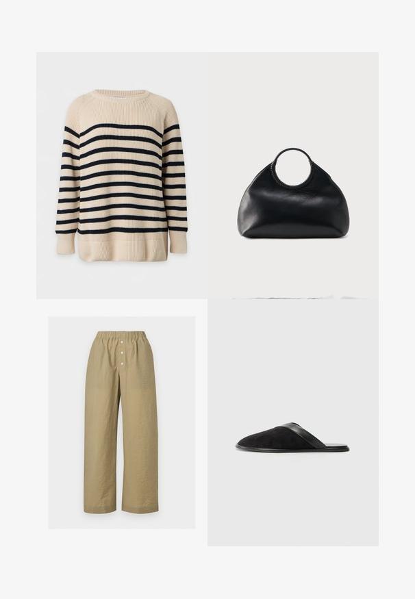 Pull beige en maille à manches longues avec des rayures noires horizontales et des poignets, un ourlet et un col rond côtelés.; Pantalon beige à jambes larges avec une ceinture élastique et trois boutons blancs sur la patte de boutonnage devant, en tissu léger texturé.; NEOUS ATIK - Mules - black; Sac à main en cuir noir de forme arrondie avec une anse supérieure circulaire enveloppée de couture en cuir assorti.