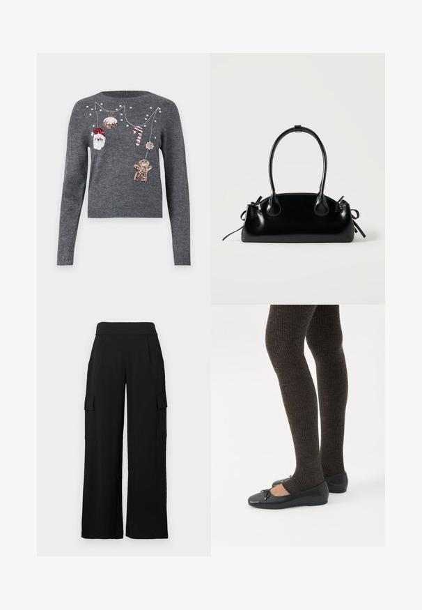 JDY JDYTWINKLE XMAS O NECK PULLOVER - Trui - medium grey melange; Zwarte cargobroek met een wide-leg design, gemaakt van een glad, rekbaar materiaal. Voorzien van twee zijzakken met kleppen en een hoge tailleband.; Benen met donkere geribbelde leggings gecombineerd met zwarte ballerina's met kleine strikdetails op een witte achtergrond.; Kleine zwarte glanzende handtas met twee lange hengsels en zijkant trekkoord details op een effen lichte achtergrond.
