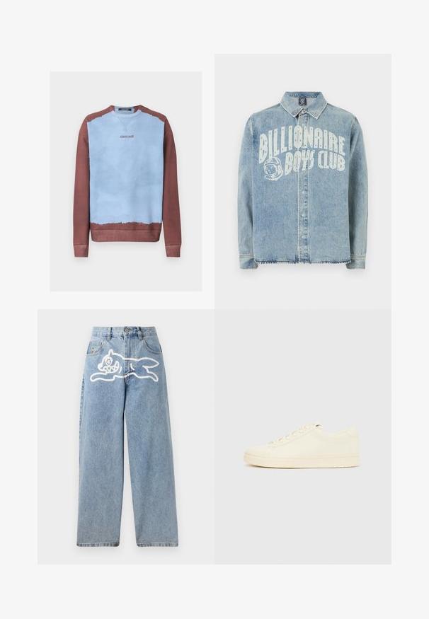 Crewneck-sweatshirt med lyseblåt midterparti og brune ærmer, krave og kant, med "roberto cavalli" logo på brystet.; Lyseblå denimjakke med trykknaplukning foran, krave og hvid tekst "Billionaire Boys Club" med grafik af en astronaut-hjelm på brystet.; Lysblå denimjeans med en afslappet, bred pasform. Har et hvidt motiv af en løbende kat på bagsiden. Klassisk fem-lomme design.; Sneaker i cremefarve med en glat læderoverdel, rundet tå, snørelukning foran og en tekstureret gummisål. Minimalistisk design uden logoer.