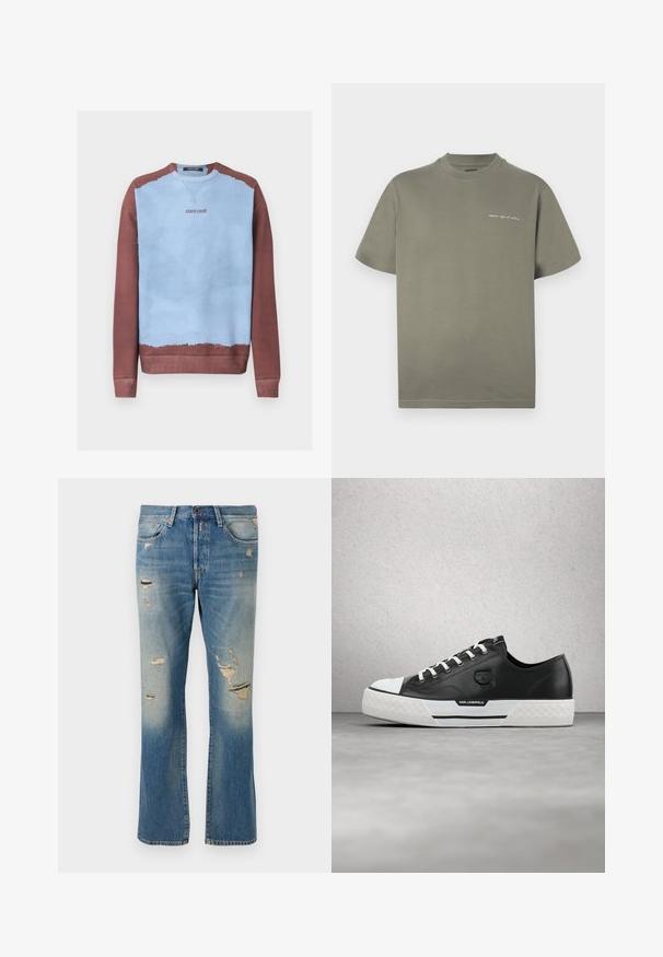 Crewneck-sweatshirt med lyseblåt midterparti og brune ærmer, krave og kant, med "roberto cavalli" logo på brystet.; Olivengrøn bomuld t-shirt med klassisk rund hals, korte ærmer og en lille hvid tekstdetalje på forsiden. Enkel, ubemærket design.; Lyseblå denimjeans med afslappet pasform, der har slidte detaljer og frynset lapper, med standard fem-lomme-design og knaplukning.; Sort lædersneaker med hvide detaljer, tekstureret gummisål og logo. Har traditionel snøring og en rund tå med et karakteristisk design.
