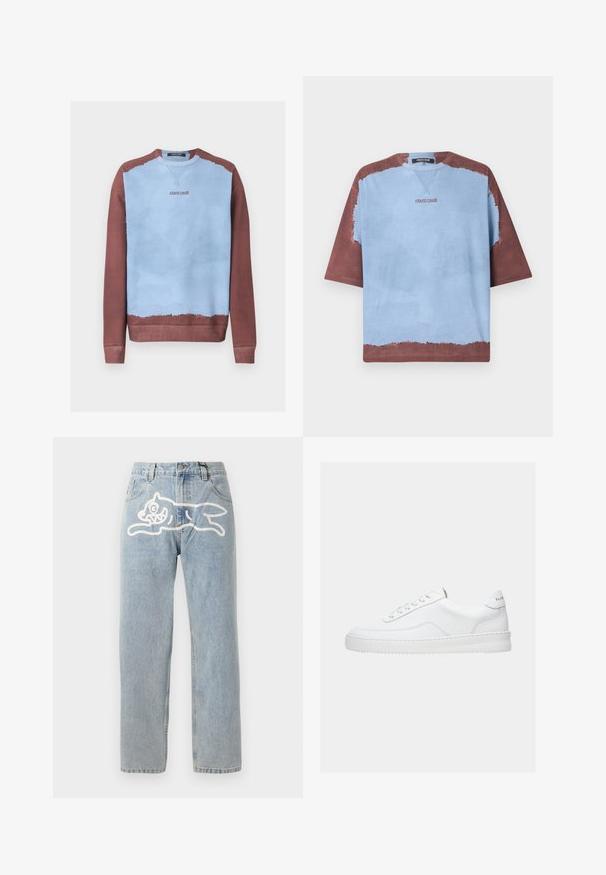 Crewneck-sweatshirt med lyseblåt midterparti og brune ærmer, krave og kant, med "roberto cavalli" logo på brystet.; Kortærmet t-shirt med rund hals, lyseblåt centrum, brune ærmer og kant, og teksten "roberto cavalli" centreret på brystet.; Lyselavendel denim jeans med en lige pasform, der har et stort hvidt grafik af en kat på ryggen. Klassisk fem-lommers design.; Hvid lavt sneaker med snørelukning, glat læderoverdel og tyk sål, vist fra siden på en ensfarvet baggrund.