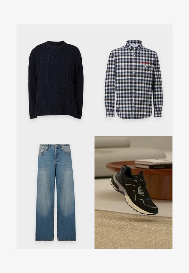 Marineblå kabelstrikket sweater med lange ærmer og ribbet rund halsudskæring, kant og manchetter, der viser detaljerede strikmønstre.; Herre skjorte med knapper i marine- og hvidt ternet mønster, der har to brystlommer, en almindelig krave og røde broderidetaljer.; Lyseblå bredbenede jeans i denimstof med høj talje, fem-lomme design og slidte områder for et vintage look.; Sort og grå atletiksneaker svæver over et beige vævet tæppe med et træbord og bøger i baggrunden.