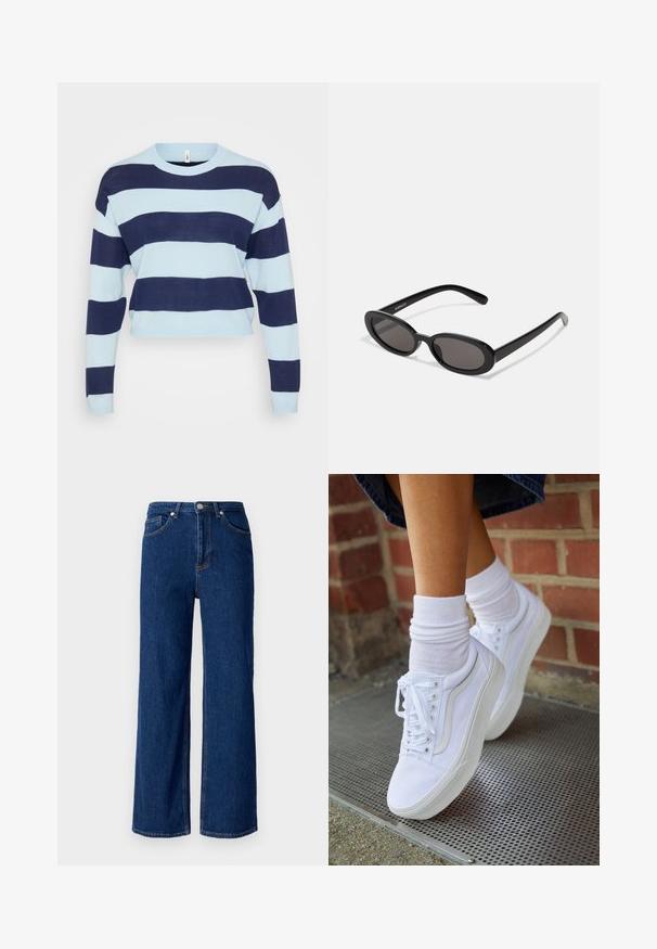 Blå og marineblå stribet sweater med rund hals, lange ærmer og cropped design. Lavet af et blødt, strikket stof.; Bredde ben denimjeans i mørkeblå, med et klassisk fem-lomme design, diskret syninger og en metalknaplukning ved taljen.; Hvide lærreds sneakers med gummisåler, der har seks snørehuller, rund tå og let sømdetaljer, krydret med hvide ankelstrømper.; Even&Odd Solbriller - black