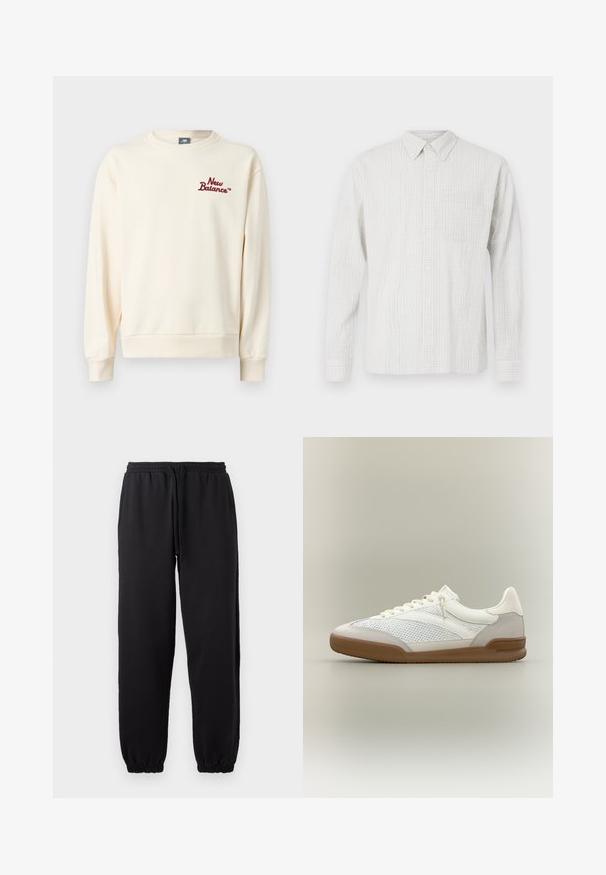 Cremefarvet sweatshirt med lange ærmer og "New Balance"-logo i mørkerød på venstre bryst.; Langærmet button-up skjorte i lysegrå med et struktureret ternet mønster, en frontlomme og en klassisk krave. Lavet af vævet stof.; Sorte joggingbukser lavet af blødt stof, med elastisk talje og justerbar snor, samt manchetter ved bunden.; Hvid og lysegrå lavtop sneaker med mesh- og ruskindspaneler, hvide snørebånd og brun gummisål på en neutral baggrund.