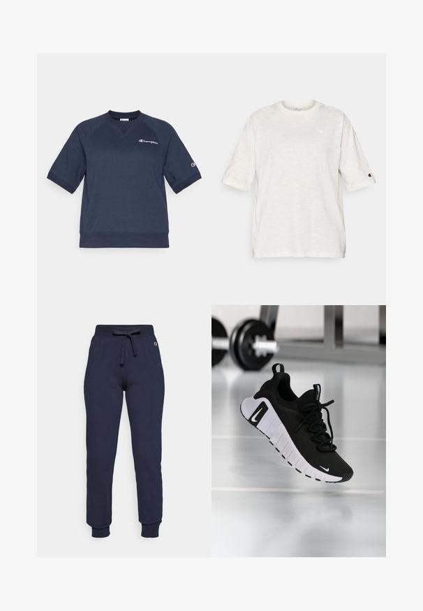 Marineblå bomulds-sweatshirt med korte raglanærmer, ribbet rund halsudskæring og broderet Champion-logo på brystet. Glat tekstur.; Lysegrå t-shirt med korte ærmer lavet af blødt stof med rund halsudskæring. Har en lille logo på brystet og det ene ærme.; Mørkeblå sweatpants lavet af en bomulds-blanding, med snor i taljen, ribbede manchetter og et lille logo på hoften.; Sort atletiksko med en tekstureret stofoverdel, hvid sål og fremtrædende snøresystem. Indeholder en Nike-logo og et blødt, polstret design.