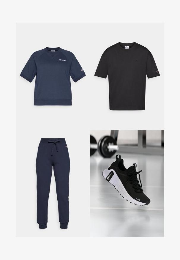 Sudadera de algodón azul marino con mangas raglán cortas, cuello redondo acanalado y logo Champion bordado en el pecho. Textura suave.; Camiseta de algodón negro con cuello redondo, mangas cortas y un pequeño logo bordado en el pecho y la manga. Textura suave, ajuste casual.; Pantalones de chándal azul marino hechos de una mezcla de algodón, con una cintura ajustable con cordón, puños acanalados y un pequeño logo en la cadera.; Zapatilla deportiva negra con parte superior de tela texturizada, suela blanca y sistema de cordones prominente. Presenta un logo de Nike y un diseño suave y acolchado.