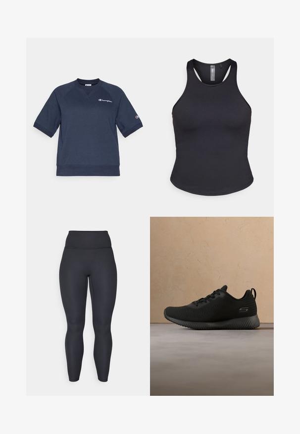 Sudadera de algodón azul marino con mangas raglán cortas, cuello redondo acanalado y logo Champion bordado en el pecho. Textura suave.; ONLY Play ONPSANA SHORT - Top - black; Leggings negros de canalé de cintura alta con un diseño ajustado, textura suave y ajuste de longitud completa. Cuenta con una cinturilla ancha para mayor soporte.; Zapatillas deportivas negras con parte superior texturizada, punta redonda y cordones. Cuenta con una suela acolchada y una pestaña en el talón para facilitar su uso.