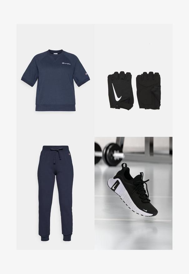 Marineblå bomulds-sweatshirt med korte raglanærmer, ribbet rund halsudskæring og broderet Champion-logo på brystet. Glat tekstur.; Mørkeblå sweatpants lavet af en bomulds-blanding, med snor i taljen, ribbede manchetter og et lille logo på hoften.; Sort atletiksko med en tekstureret stofoverdel, hvid sål og fremtrædende snøresystem. Indeholder en Nike-logo og et blødt, polstret design.; Sorte fingerløse træningshandsker lavet af åndbart stof, med et hvidt Nike-logo, polstrede håndflader og et åbent håndledsdesign for fleksibilitet.