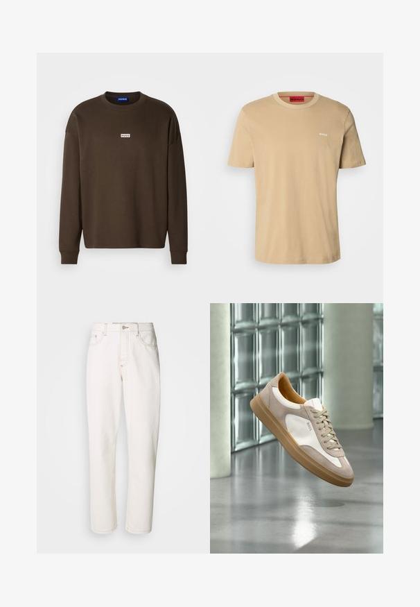 Brun langærmet sweatshirt lavet af bomuld, med rund hals og en lille hvid "HUGO"-logo på brystet. Tekstureret stof.; Beige bomulds t-shirt med rund halsudskæring, korte ærmer og et lille hvidt "HUGO" logo på brystet. Glat tekstur uden mønstre.; Hvide denimbukser med lige ben design, der har stikninger, metalknaplukning og standard femlomme konstruktion.; Beige og hvid sneaker med tan sål og "BOSS" logo, ophængt over en reflekterende glat gulv med glasblokvæg i baggrunden.
