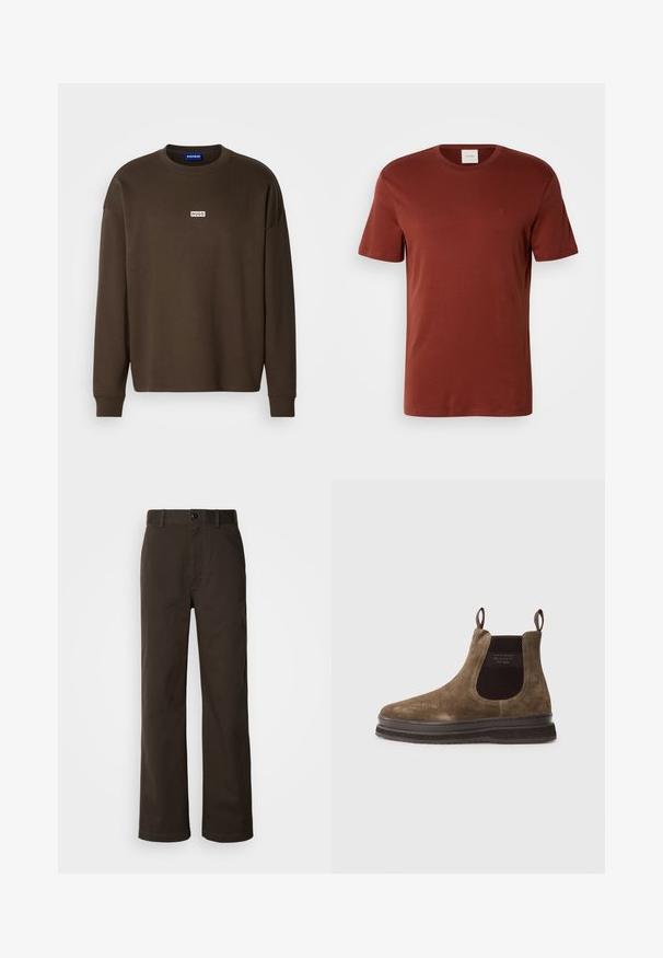 Brun langærmet sweatshirt lavet af bomuld, med rund hals og en lille hvid "HUGO"-logo på brystet. Tekstureret stof.; Rustfarvet kortærmet t-shirt lavet af blød bomuld, med en rund halsudskæring og et lille logo på brystet. Glat tekstur.; Brune bomuldsbukser med lige ben, der har knaplukning, bæltestropper og minimale syninger.; Brune ruskind Chelsea støvle med elastiske sidepaneler, trækstang og en tyk, struktureret gummisål med subtile spor for greb.