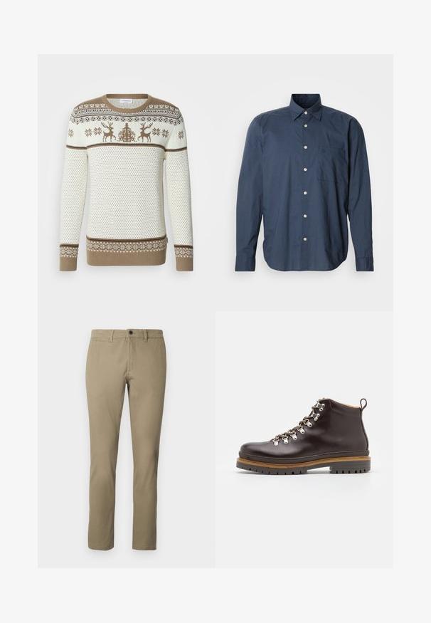 Pull en maille crème et beige, avec un motif de rennes et de flocons de neige. Poignets et ourlet côtelés, design texturé avec des bandes contrastantes.; Chemise bleu marine à manches longues, à motif à petits carreaux, avec une poche poitrine unique et des boutons blancs sur fond uni.; Chinos kaki en mélange de coton, avec une coupe droite, une taille standard avec fermeture à bouton et des poches latérales.; Zign by Zalando LEATHER - Bottines à lacets - brown