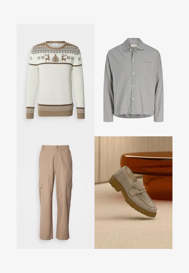 Pull en maille crème et beige, avec un motif de rennes et de flocons de neige. Poignets et ourlet côtelés, design texturé avec des bandes contrastantes.; Chemise blanche à manches longues avec motif à carreaux noirs en grille et col pointu, posée à plat sur un fond clair.; Pantalons cargo en khaki en tissu léger, dotés de deux poches latérales, d'une fermeture à bouton et d'un design à jambes droites.; Mocassin en daim gris clair avec une semelle en caoutchouc marron épaisse, posé sur un tapis beige devant une table ronde marron floue.