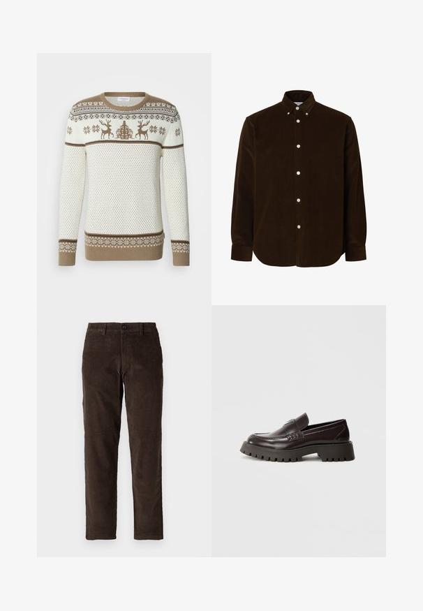 Strickpullover in Creme und Braun, mit Rentier- und Schneeflockenmuster. Gerippte Bündchen und Saum, strukturiertes Design mit kontrastierenden Streifen.; Dunkelbraunes Cordhemd mit langen Ärmeln, durchgehender Knopfleiste, Button-Down-Kragen und weißen Knöpfen vorne und an den Manschetten.; Braune Cordhosen mit geradem Schnitt, ausgestattet mit einem Frontknopfverschluss und standardmäßigen Gürtelschlaufen. Glatte Textur und klassischer Schnitt.; Burgunderrote Leder-Loafers mit dicker Gummisohle, geflochtenem Akzent an der Vorderseite und geprägtem Logo an der Ferse. Glatte Textur, elegantes Design.