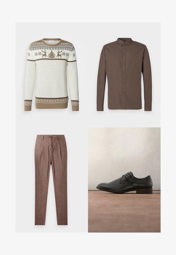 Strikket sweater i creme og tan med et motiv af rensdyr og snefnug. Ribstrikkede ærmekanter og kant forneden, struktureret design med kontrasterende bånd.; Mørkebrun langærmet skjorte med knapper, der har en klassisk krave, otte knapper foran og en glat, letvægts stoftekstur.; Brune, strukturerede bukser med et hørmønster, der har en snøre i taljen og to frontfolder. Lige ben-design.; Sort lædersko til kjole med glat tekstur, rundet tå, sidespænde og lav hæl, placeret over en grå overflade.
