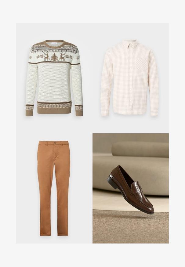 Pull en maille crème et beige, avec un motif de rennes et de flocons de neige. Poignets et ourlet côtelés, design texturé avec des bandes contrastantes.; Chemise pour homme à manches longues avec un motif à carreaux beige et blanc, dotée d'un col pointu et d'une poche poitrine.; Chinos en coton marron avec une coupe slim, dotés d'une fermeture à bouton, de poches latérales et d'une texture lisse.; Mocassin en cuir marron avec un motif texturé flottant au-dessus d'un tapis beige avec un canapé beige assorti en arrière-plan.