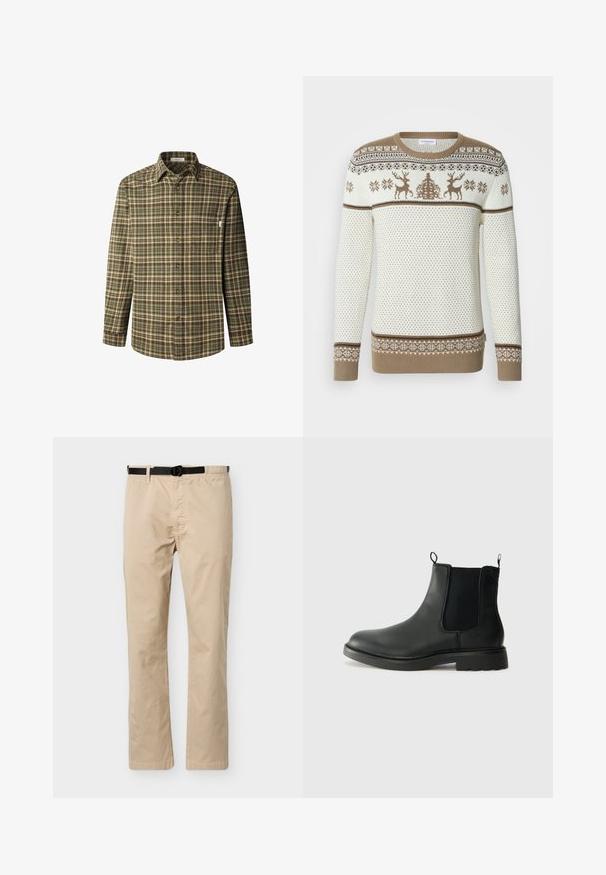 Suéter de punto en crema y beige, con un patrón de renos y copos de nieve. Puños y dobladillo acanalados, diseño texturizado con bandas contrastantes.; Camisa abotonada en patrón de cuadros en verde y marrón, de mangas largas, con cuello, bolsillo en el pecho, fabricada en un tejido de algodón texturizado y con botones marrones.; Pantalones beige de pierna recta con cinturón negro ajustable, pretina elástica en un lado y detalle de costura frontal.; Botas Chelsea de cuero negro con paneles laterales elásticos, lengüetas para tirar, puntera redondeada y suela de goma texturizada. Superficie lisa y diseño robusto.