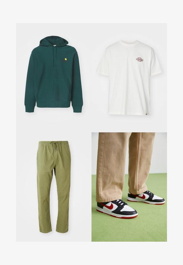 Sudadera verde de mezcla de algodón, con un bolsillo frontal, capucha con cordón y un logo bordado en amarillo y rojo en el pecho.; Camiseta de algodón blanca de manga corta y cuello redondo, con un pequeño logo rojo y negro en el lado izquierdo del pecho. Corte clásico y relajado.; Pantalones de corte relajado en verde oliva con cinturilla elástica y cordón. Confeccionados en una tela suave con una textura lisa y perneras rectas.; Las zapatillas Nike Dunk presentan un diseño de cuero negro con acentos rojos y un swoosh blanco. La suela es roja, con una puntera blanca texturizada.