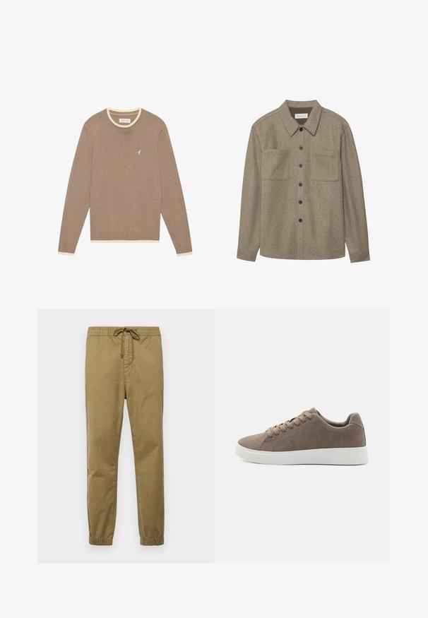 Brun strikket sweater med cremefarvet ribkant ved krave og manchetter, prydet med et lille hvidt fuglelogo på venstre bryst. Lange ærmer, klassisk pasform.; Brun uld button-up skjorte med spidse kraver, to brystlommer og sorte knapper. Glat tekstur med afslappet pasform.; Lysekhaki joggebukser med elastisk talje, justerbar snor, tætsiddende ben og elastiske manchetter. Glat, åndbart stof.; Brune ruskinds sneakers med flade hvide gummisåler, snørelukning, rund tå og en glat overflade. Minimalistisk stil med diskrete syninger.