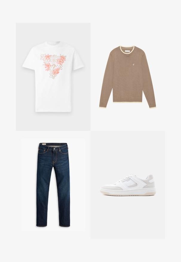 Pull en maille marron avec un col et des poignets côtelés de couleur crème, arborant un petit logo d'oiseau blanc sur la poitrine gauche. Manches longues, coupe classique.; T-shirt en coton blanc avec un logo en forme de triangle orné de fleurs en corail et or. Manches courtes et col rond.; Jeans en denim bleu foncé avec une coupe droite, présentant des coutures contrastantes orange, cinq poches et une fermeture à bouton à l'avant.; Baskets basses blanches et beige clair avec fermeture à lacets, col matelassé et semelle en caoutchouc sur un fond clair uni.