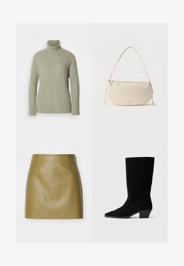 Lys grøn turtleneck sweater lavet af ribbet strikket stof. Drop-skulder design, minimale sømdetaljer og lange ærmer.; Olivengrøn læder mini-nederdel med en glat overflade, der har to forreste sømme og en lige pasform, afsluttet med minimalistiske syninger.; Sort ruskind ankelstøvle med spidse tæer, mellemhøj skaft og en chunky hæl. Fuldender et minimalistisk design med lidt syninger og en glat tekstur.; Kræmmerhvid lille skuldertaske med enkelt rem, lynlås og diskret gyldent mærkelogo på forsiden.