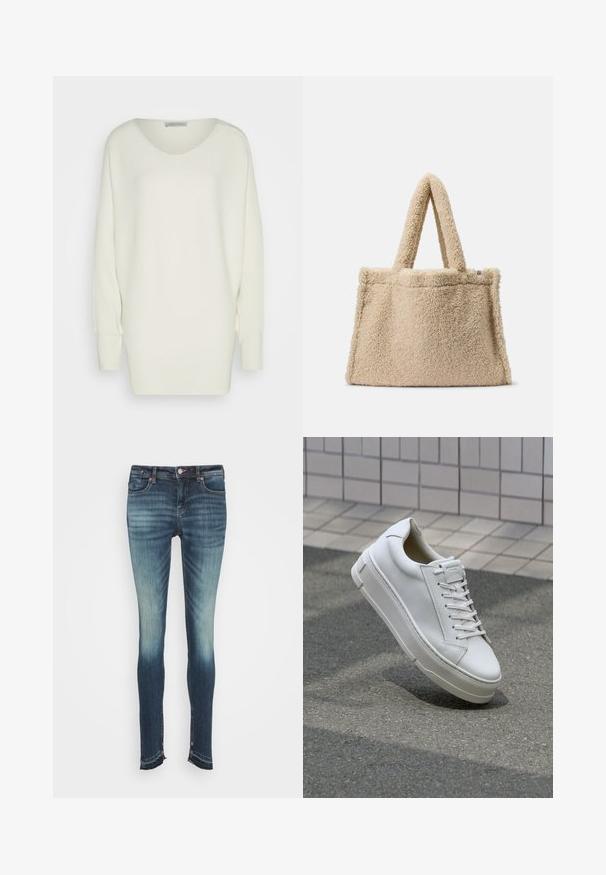 Suéter blanco extragrande de tejido de canalé, cuenta con un escote amplio, hombros caídos y mangas largas con puños ajustados.; Scotch & Soda SEASONAL ESSENTIALS BOHEMIENNE - Vaqueros pitillo - reunited; Zapatilla de cuero blanca con diseño bajo, cordones planos, punta redondeada y laterales texturizados. Suela de goma gruesa con acentos sutiles.; Bolsa de tela de felpa beige tipo teddy con dos asas cortas, textura suave y forma estructurada. Sin herrajes visibles ni detalles adicionales.