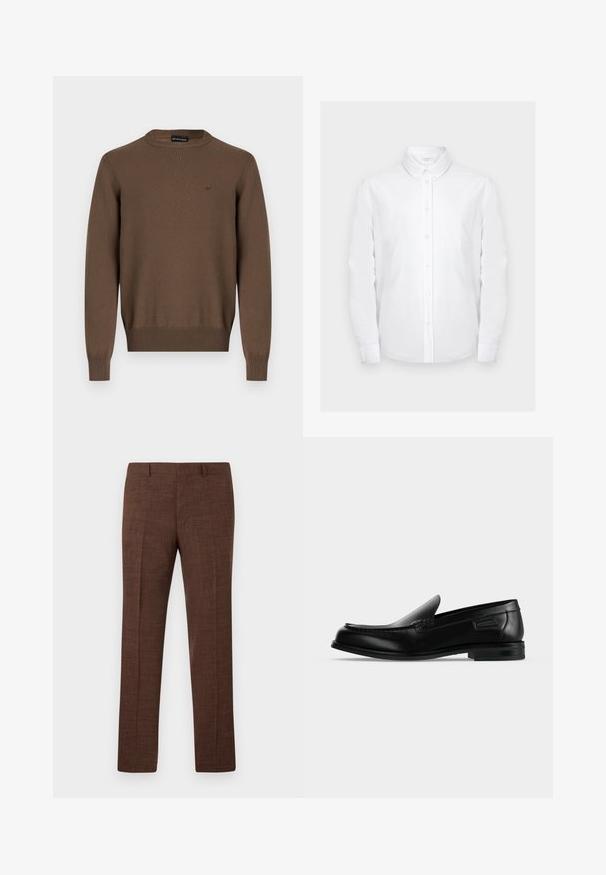 Pull marron à manches longues avec col rond, poignets et ourlet côtelés, avec un petit logo brodé sur la poitrine gauche.; Chemise blanche à manches longues avec col pointu et poche poitrine, présentée sur un fond gris clair uni.; Pantalon de costume marron avec passants pour ceinture et coupe droite, présenté sur un fond blanc.; Mocassin noir en cuir à enfiler avec un petit talon, un bout arrondi et des surpiqûres décoratives le long du bord supérieur.