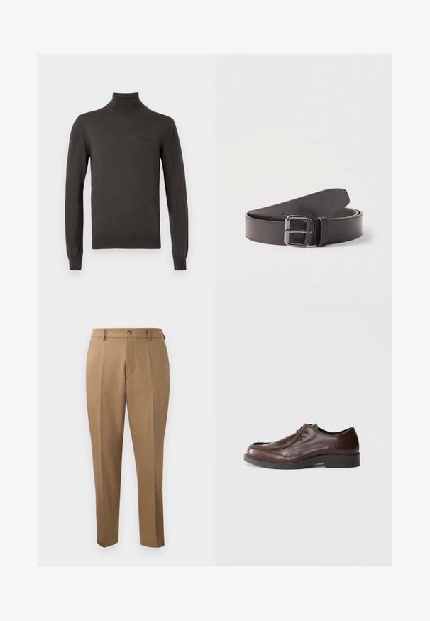 Donkergrijze lange mouw turtleneck trui met een slim fit en een subtiele merkl logo op de linkerborst.; Bruine maatwerkbroek met een rechte pasvorm, enkele plooien, riemlussen en een sluiting met een knoop aan de voorkant. Gladde stof met een matte textuur.; Bruine leren nette schoen met een ronde neus, minimale stiksels en een stevige zwarte zool. Voorzien van vetersluiting en een gladde textuur.; Donkerbruine leren riem opgerold met een vierkante metalen gesp en zichtbare stiksels langs de randen.