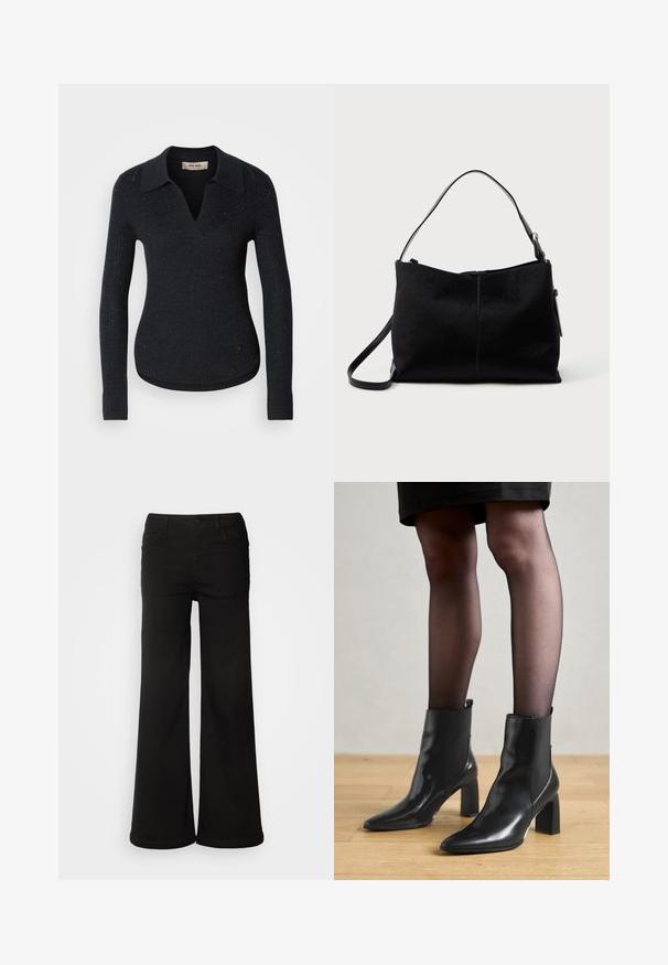 Schwarzer, gerippter Pullover mit V-Ausschnitt und Kragen-Design. Verfügt über dezente Glitzerakzente und enganliegende lange Ärmel mit gerippten Bündchen.; Schwarze, weit geschnittene Jeanshose aus Denim, mit vorderen Taschen, Knopfverschluss und einer glatten Textur mit sauberem Finish.; Schwarze Leder-Ankle-Boots mit spitzer Zehenform, klobigem quadratischem Absatz und schlankem Design. Verfügt über elastische seitliche Einsätze für leichtes An- und Ausziehen.; Schwarze Schultertasche mit einer glatten, strukturierten Oberfläche, ausgestattet mit einem einzigen Schulterriemen und einem oberen Reißverschluss. Kompakte rechteckige Form.