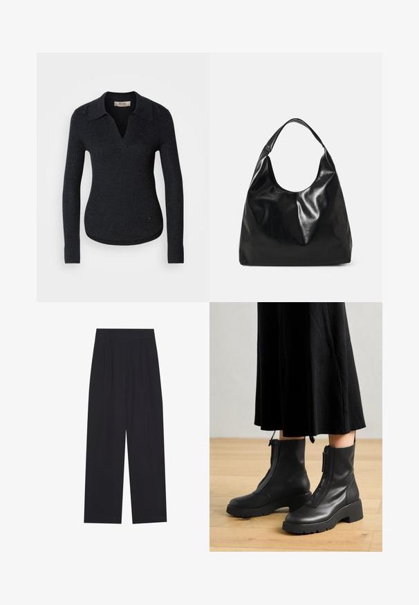 Schwarzer, gerippter Pullover mit V-Ausschnitt und Kragen-Design. Verfügt über dezente Glitzerakzente und enganliegende lange Ärmel mit gerippten Bündchen.; Schwarze, weit geschnittene Hosen aus einem glatten Material, mit Falten, einem flachen Bund und ohne sichtbare Taschen oder Verzierungen.; Schwarze Lederstiefeletten mit einer dicken Plattformsohle und einem Reißverschluss vorne. Glatte Textur mit einem minimalistischen Design.; Schwarze Leder-Hobo-Tasche mit einer weichen, glänzenden Textur und einem runden, offenen Oberteil. Verfügt über einen breiten, gebogenen Tragegurt. Keine sichtbaren Beschläge.