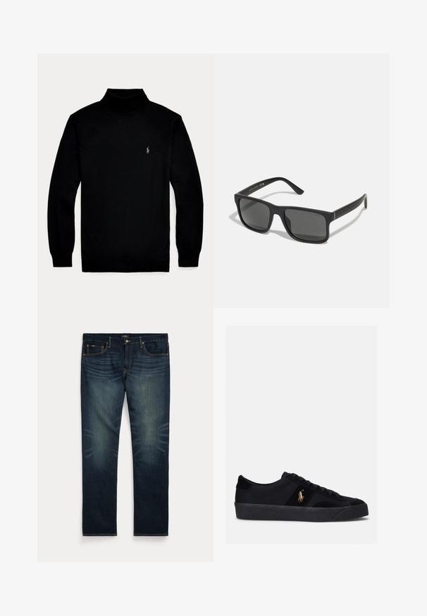 Schwarzer Langarm-Rollkragenpullover mit einem kleinen weißen gestickten Logo auf der linken Brust, dargestellt auf einem einfachen hellen Hintergrund.; Dunkelblaue Jeans aus Denim mit dezentem Verblassen an den vorderen Oberschenkeln und orangefarbenen Nähten, mit Knopf- und Reißverschluss sowie fünf Taschen.; Schwarze Sneakers mit einem Obermaterial aus Stoff und Wildleder, runder Zehenpartie, flacher Gummisohle und gesticktem Logo an der Seite. Schnürdesign mit sechs Ösen.; Schwarze rechteckige Sonnenbrille mit dunklen Gläsern und matter Oberfläche. Enthält das eingeprägte "POLO"-Logo an den Bügeln und ein robustes Rahmendesign.