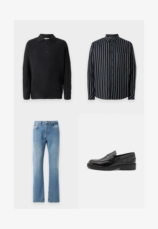 Suéter negro de punto con un acabado texturizado, presenta un cuello clásico y una tapeta de tres botones. Mangas largas con puños de canalé.; Camisa negra de botones con rayas verticales azules, mangas largas, cuello y un bolsillo en el pecho. Tela suave, corte relajado, botones estándar.; Jeans de mezclilla de color azul claro con un corte recto, cinco bolsillos y un desgaste sutil. Presentan una cintura clásica y dobladillo recto en los tobillos.; Mocasines de cuero negro con un acabado suave, punta redondeada, tacón bajo y costura decorativa en la parte delantera. Suela de goma para mayor agarre.