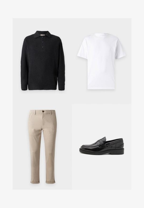 Pull noir en tricot avec une finition texturée, doté d'un col classique et d'une patte de boutonnage à trois boutons. Manches longues avec poignets côtelés.; T-shirt blanc à manches courtes en coton avec un col rond, présentant une texture lisse et un design simple, sans motifs ni accents.; Jack & Jones JPSTMARCO FURY NOOS - Chino - atmosphere; Mocassins en cuir noir avec une finition lisse, un bout rond, un petit talon et descoutures décoratives à l'avant. Semelle en caoutchouc pour l'adhérence.
