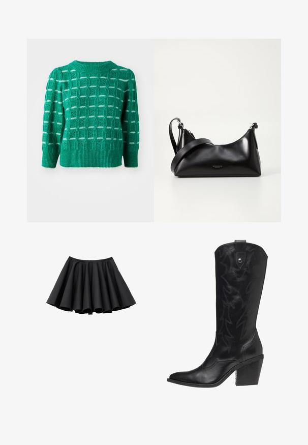 Grøn strikket sweater med et åbent geometrisk mønster, ribbestrikket halsudskæring og kant, samt puffede ærmer. Stribede detaljer i hvid.; Sort mini-nederdel med brede plisser og en figursyet talje, vist mod en hvid baggrund.; Sort læder cowboy støvle med spidse tå, høj hæl og dekorativ syning i lynmønster langs skaftet.; Sort læderhåndtaske med en glat tekstur. Har en justerbar stropp og et enkelt, minimalistisk design med lynlås.