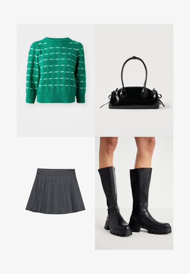 Grøn strikket sweater med et åbent geometrisk mønster, ribbestrikket halsudskæring og kant, samt puffede ærmer. Stribede detaljer i hvid.; Grå stribede skater nederdel med en tætsiddende talje, udformet i A-linje og en blød stofstruktur. Lodrette linjer øger den visuelle interesse.; Sorte knæhøje støvler lavet af glat kunstlæder med en kraftig sål, lynlås i siden og design med rund tå.; Lille sort blank håndtaske med to lange håndtag og snøre-detaljer i siden på en ensfarvet lys baggrund.