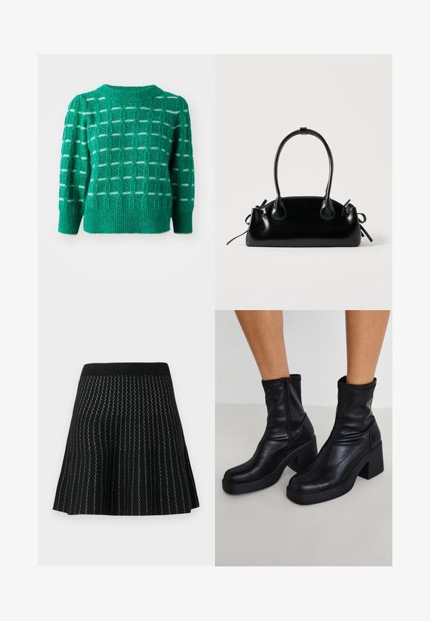 Pull en laine vert avec un motif géométrique ajouré, un col et un ourlet côtelés, et des manches bouffantes. Accents rayés en blanc.; Jupe noire en mailles texturées avec des rayures argentées en zigzag, conçue avec une silhouette évasée et une taille noire solide.; Bottines noires en cuir avec un haut talon carré, dotées d'une fermeture éclair sur le côté, d'une texture lisse et d'un design de pointe effilée.; Petit sac à main noir brillant avec deux longues anses et des détails à cordon sur les côtés sur un fond clair uni.