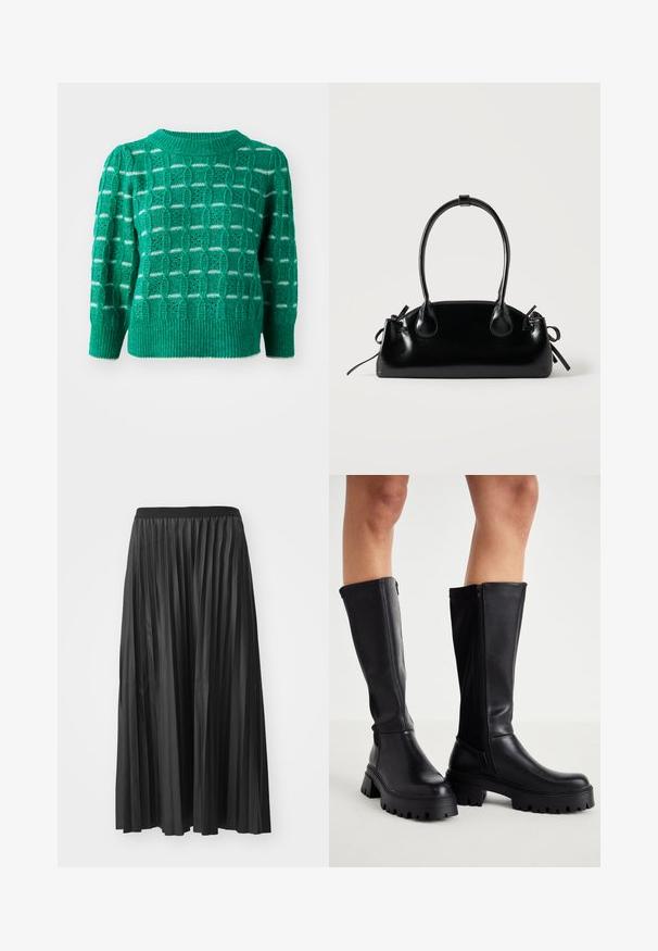 Pull en laine vert avec un motif géométrique ajouré, un col et un ourlet côtelés, et des manches bouffantes. Accents rayés en blanc.; Jupe maxi plissée noire avec une texture lisse et une taille élastique, dotée de plis verticaux qui créent du volume et du mouvement.; Cuissardes noires en simili cuir lisse avec une semelle épaisse, fermeture éclair sur le côté et bout arrondi.; Petit sac à main noir brillant avec deux longues anses et des détails à cordon sur les côtés sur un fond clair uni.