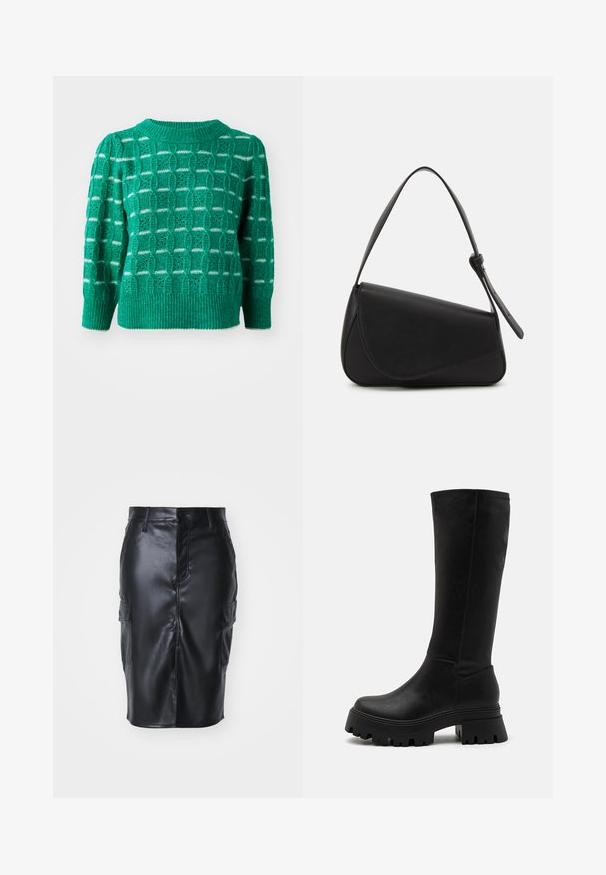 Grøn strikket sweater med et åbent geometrisk mønster, ribbestrikket halsudskæring og kant, samt puffede ærmer. Stribede detaljer i hvid.; Sort faux læder blyantskirt med en mellemlang design, der har frontknaplukning og to sidelommer med klap. Glat struktur.; Sorte knælange støvler lavet af syntetisk læder, med en chunky gummisål med dybe riller, glat overflade og minimale syninger.; Sort læderhåndtaske med en triangular form, skrå klap og et rundt håndtag. Har en glat overflade og minimalistiske design detaljer.