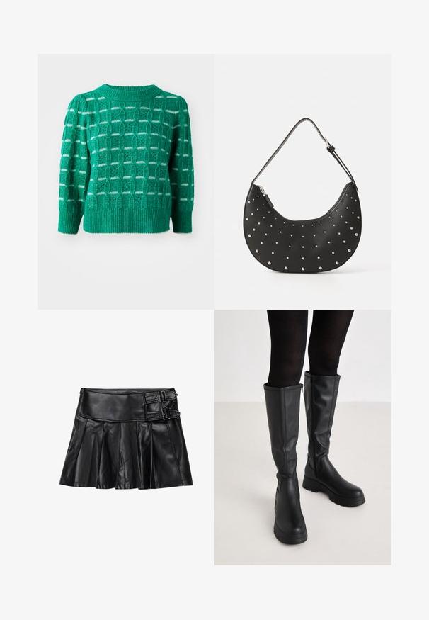 Pull en laine vert avec un motif géométrique ajouré, un col et un ourlet côtelés, et des manches bouffantes. Accents rayés en blanc.; Jupe en cuir noir avec des plis, taille large et deux accents à boucle sur le côté. Texture lisse avec une finition brillante.; Even&Odd by Zalando Bottes à plateau - black; Sac à main en cuir noir avec une forme arrondie, orné de clous en argent, doté d'une fermeture éclair et d'une seule sangle ajustable.