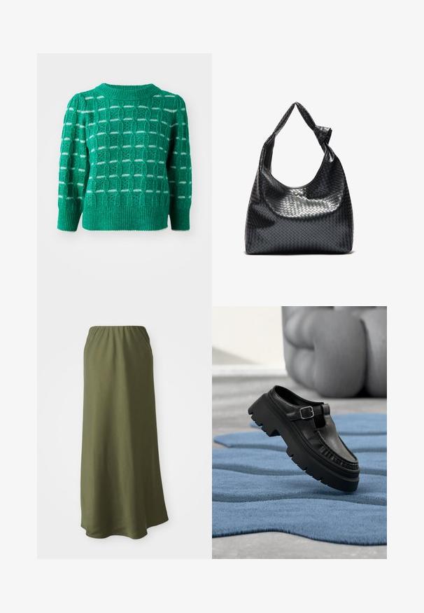 Grøn strikket sweater med et åbent geometrisk mønster, ribbestrikket halsudskæring og kant, samt puffede ærmer. Stribede detaljer i hvid.; Olivenfarvet ankel-lang nederdel lavet af blødt stof med elastisk talje; glat tekstur og et enkelt, svævende design.; Sort læderloafer med chunky profil sål og sølvspænde, placeret i en vinkel på et struktureret blåt tæppe.; Sort vævet lædertaske med en afslappet design, der har et knyttet rem og en lille dekorativ guldstud foran.