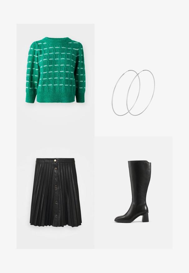 Grøn strikket sweater med et åbent geometrisk mønster, ribbestrikket halsudskæring og kant, samt puffede ærmer. Stribede detaljer i hvid.; VILA VIAMINA BUTTON SKIRT - Mini skirts - black; Sort knæhøj læderstøvle med blokhæl og rundet tå, vist fra siden på en ensfarvet baggrund.; Sølvøreringe med et minimalistisk design. Cirkulær form, glat tekstur og tynd profil. Letvægtige med en poleret overflade.