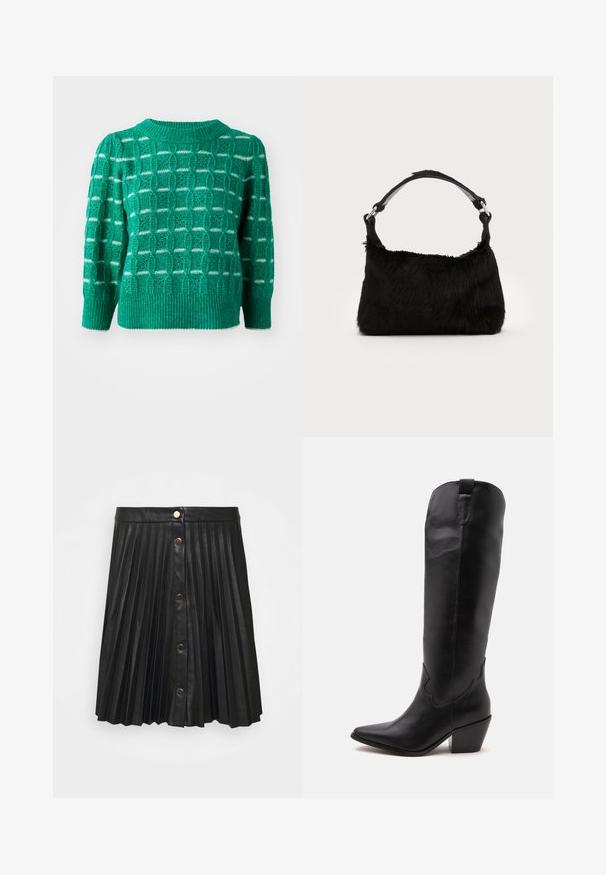 Groene gebreide trui met een opengewerkt geometrisch patroon, geribbelde ronde hals en zoom, en pofmouwen. Gestreepte accenten in het wit.; VILA VIAMINA BUTTON SKIRT - Minirok - black; Hoge zwarte leren cowboylaars met een spitse neus, lage blokhak en minimale stiksels, van opzij weergegeven op een witte achtergrond.; Zwarte neplederen handtas met een zachte textuur, ronde vorm en een stevige zwartleren schouderband. Zilveren hardwareaccenten zichtbaar.