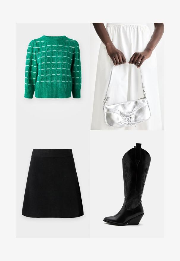 Grøn strikket sweater med et åbent geometrisk mønster, ribbestrikket halsudskæring og kant, samt puffede ærmer. Stribede detaljer i hvid.; Sort A-line nederdel med bred talje, glat tekstur og enkelt design, vist mod en lysegrå baggrund.; Sort læder cowboystøvle med spidst tåparti, skråt blokhælhæl, dekorative sømme og trækstropper øverst mod hvid baggrund.; Sølvmetallic håndtaske med snøredetaljer, der har et slankt design og en kort strop. Tasken holdes i hænderne for at fremvise dens tekstur.