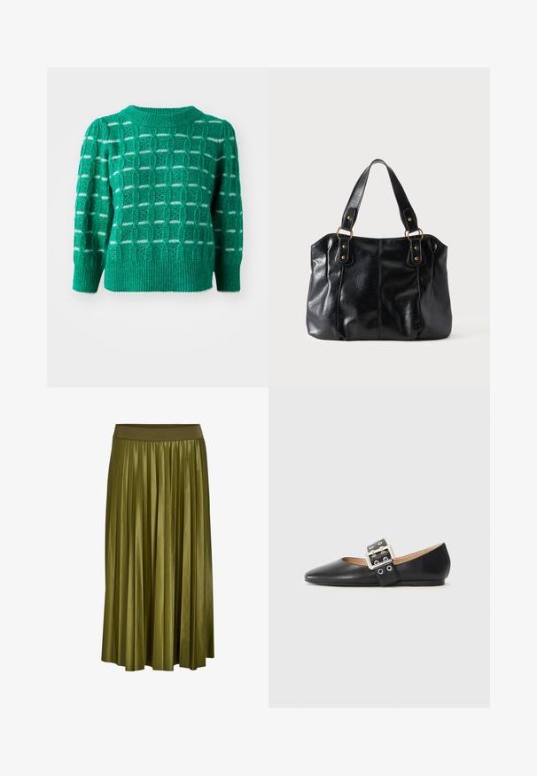 Grøn strikket sweater med et åbent geometrisk mønster, ribbestrikket halsudskæring og kant, samt puffede ærmer. Stribede detaljer i hvid.; Kaki grøn plisseret midi nederdel med bred elastisk talje og glat stoftekstur.; Sort læder flad sko med spidst tåparti og en dekorativ spænde-rem med sølvfarvet hardware og små udskæringer.; Sort læder skuldertaske med dobbelte stropper fastgjort med gyldne ringe og nitter, glat og let skinnende overflade, enkelt design.